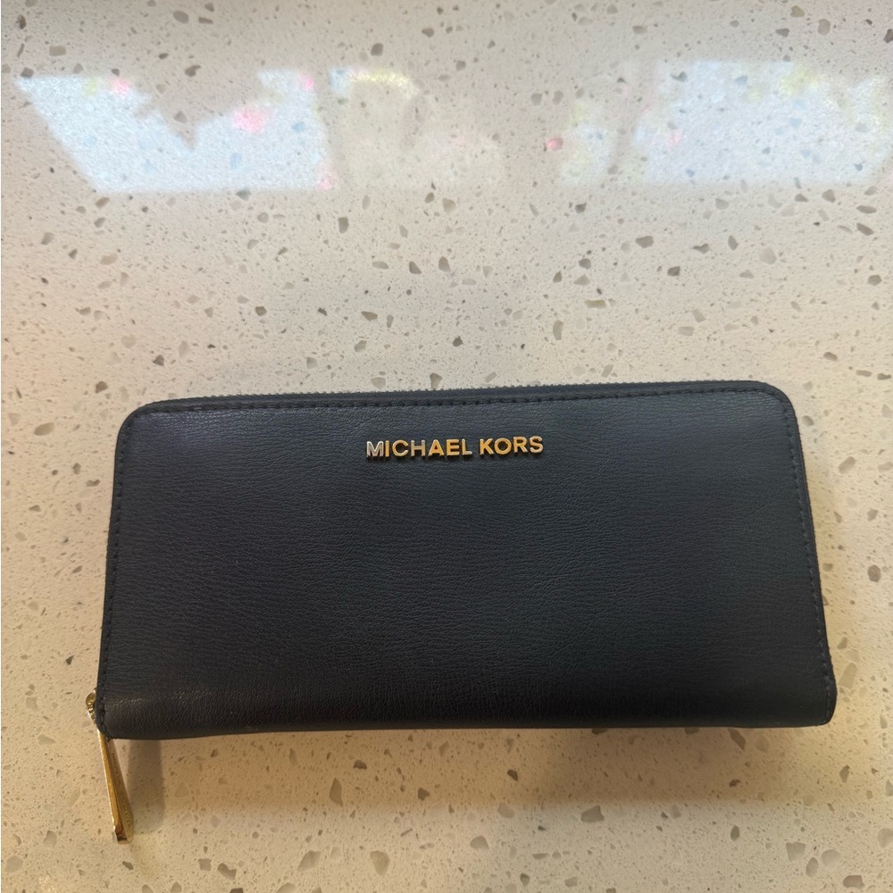 Michael Kors Black Leather Zip-Around Wallet with Gold Logo